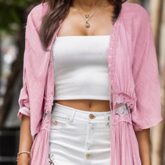 Pink Lace Open Front Cardigan - Picture 5 of 10